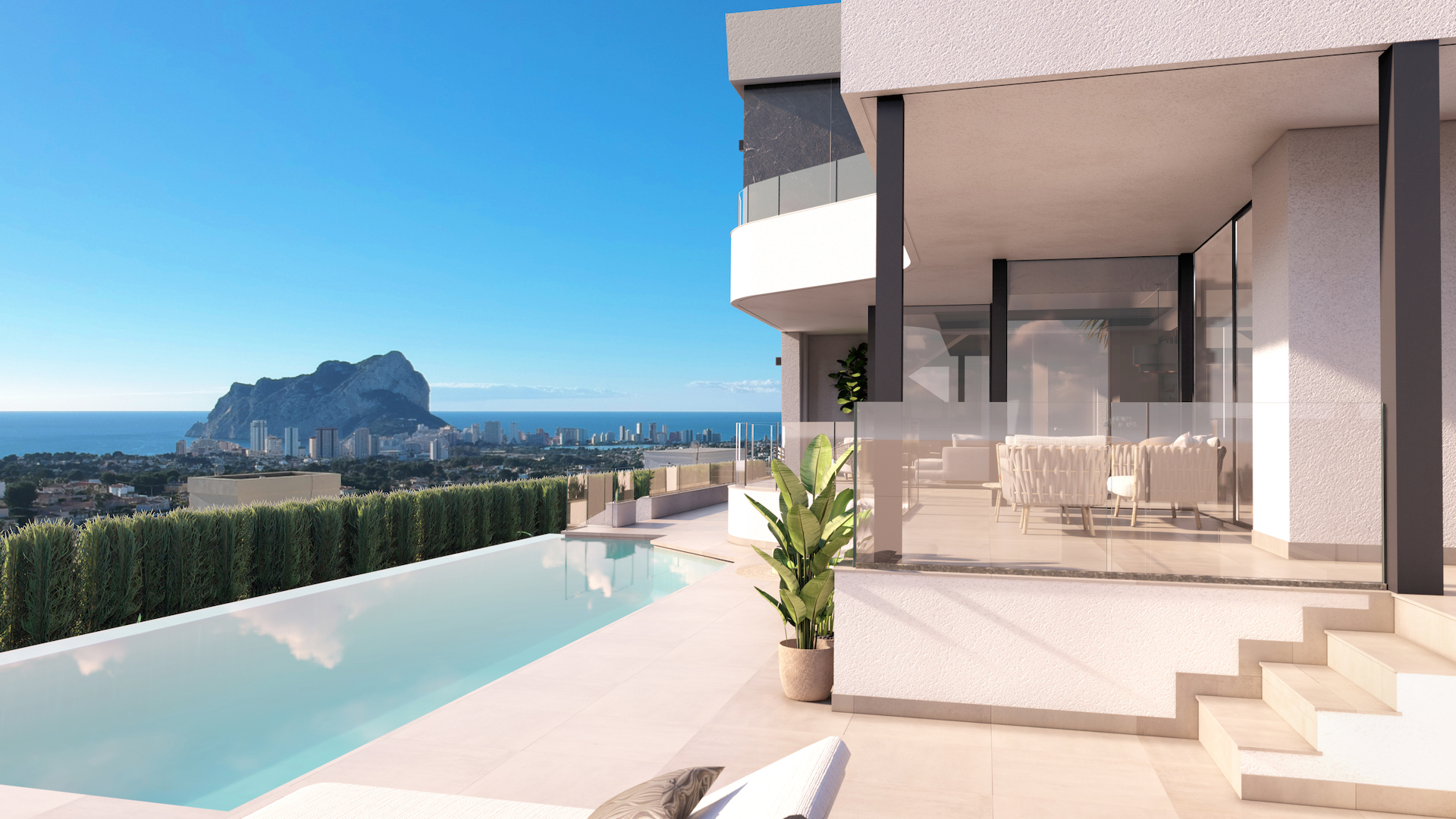 Niesamowity nowy nowoczesny dom z basenem bez krawędzi i widokiem na morze